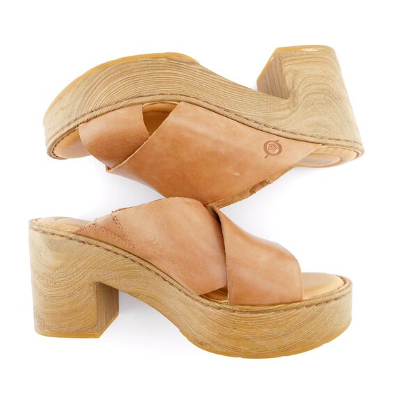 New BORN Cognac Brown Leather Crisscross Strap Block Heel Slide Sandals 8 - Picture 4 of 8